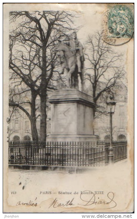 France - Carte Postale Circule En 1903 - Paris - Statue De Louis XIII - 2/scans - Statues