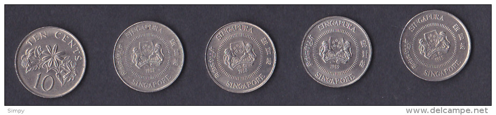 SINGAPORE - 10 Cents 1985, 1986, 1987, 1988, 1989 - Singapour