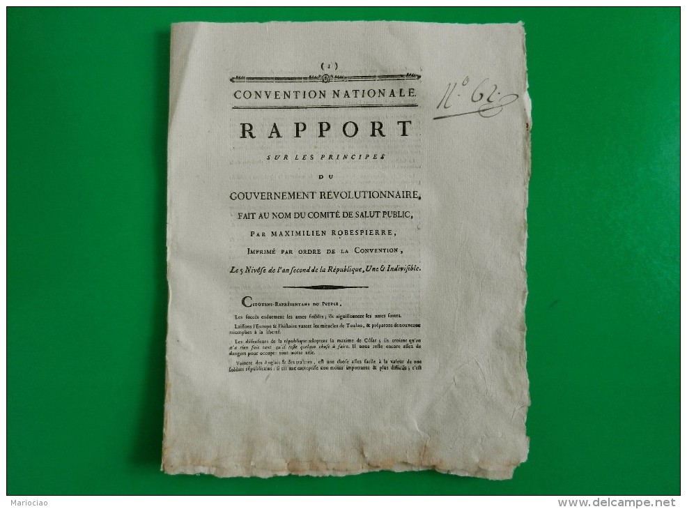 D-FR ROBESPIERRE 1793 Rapport Sur Les Principes Du Gouvernement Revolutionnaire - Historische Dokumente