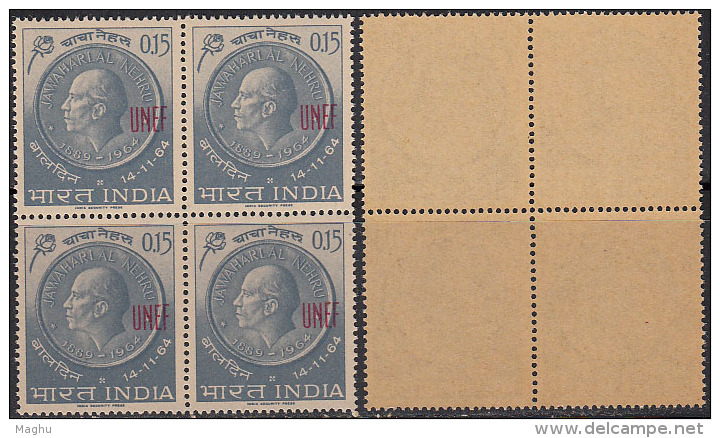 Overprint UNEF On Nehru, U.N. Force India 1965 MNH, Block Of 4, U.N. United Nations, @ Cairo, Gaza, Abu Seeir, Etc., - Military Service Stamp