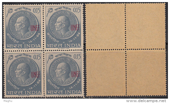 Overprint UNEF On Nehru, U.N. Force India 1965 MNH, Block Of 4, U.N. United Nations, @ Cairo, Gaza, Abu Seeir, Etc., - Militaire Vrijstelling Van Portkosten