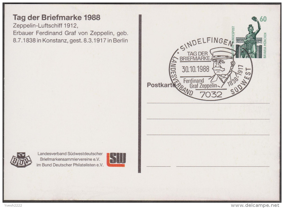 Allemagne 1988. Privatganzsache, Entier Postal Timbré Sur Commande. Sindelfingen Journée Du Timbre. Zeppelin 1912 - Zeppelins