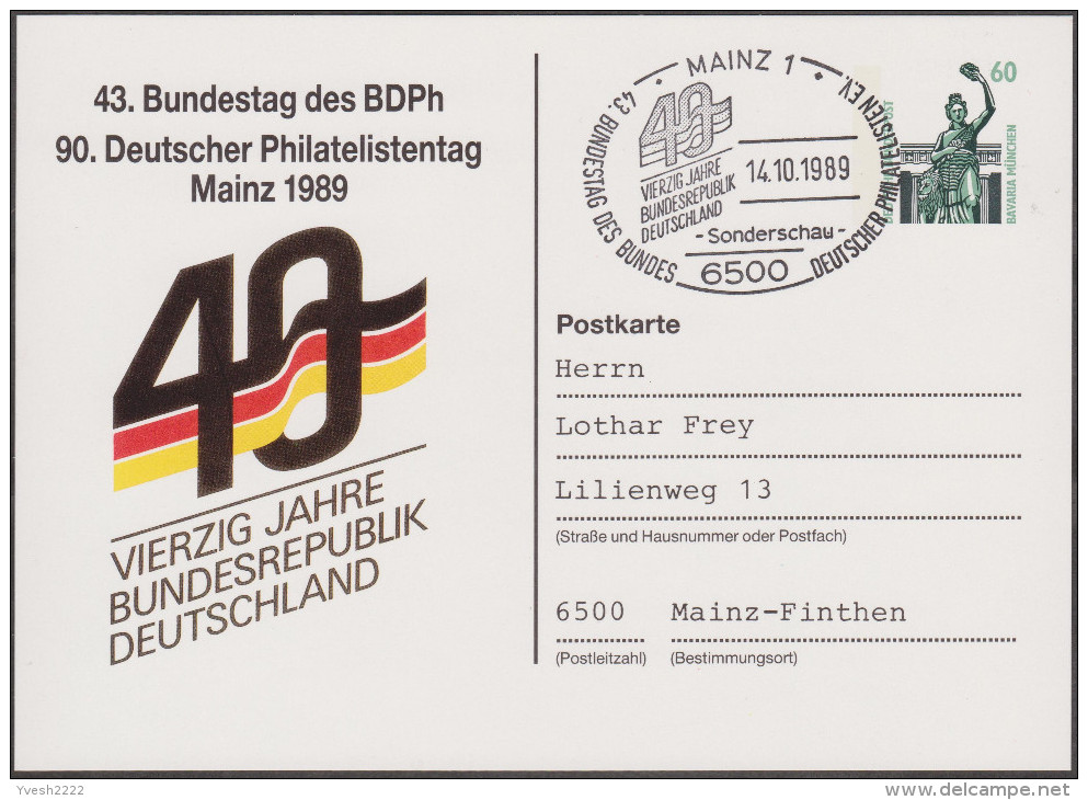 Allemagne 1989. Privatganzsache, Entier Postal Timbré Sur Commande. 90. Deutscher Philatelistentag Main - Privatpostkarten - Gebraucht