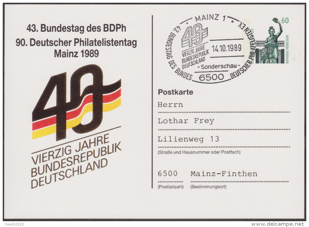 Allemagne 1989. Privatganzsache, Entier Postal Timbré Sur Commande. 90. Deutscher Philatelistentag Main - Postales Privados - Usados