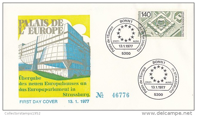 1910- EUROPEAN PARLIAMENT, EUROPEAN PALACE, EMBOISED COVER FDC, 1977, GERMANY - EU-Organe