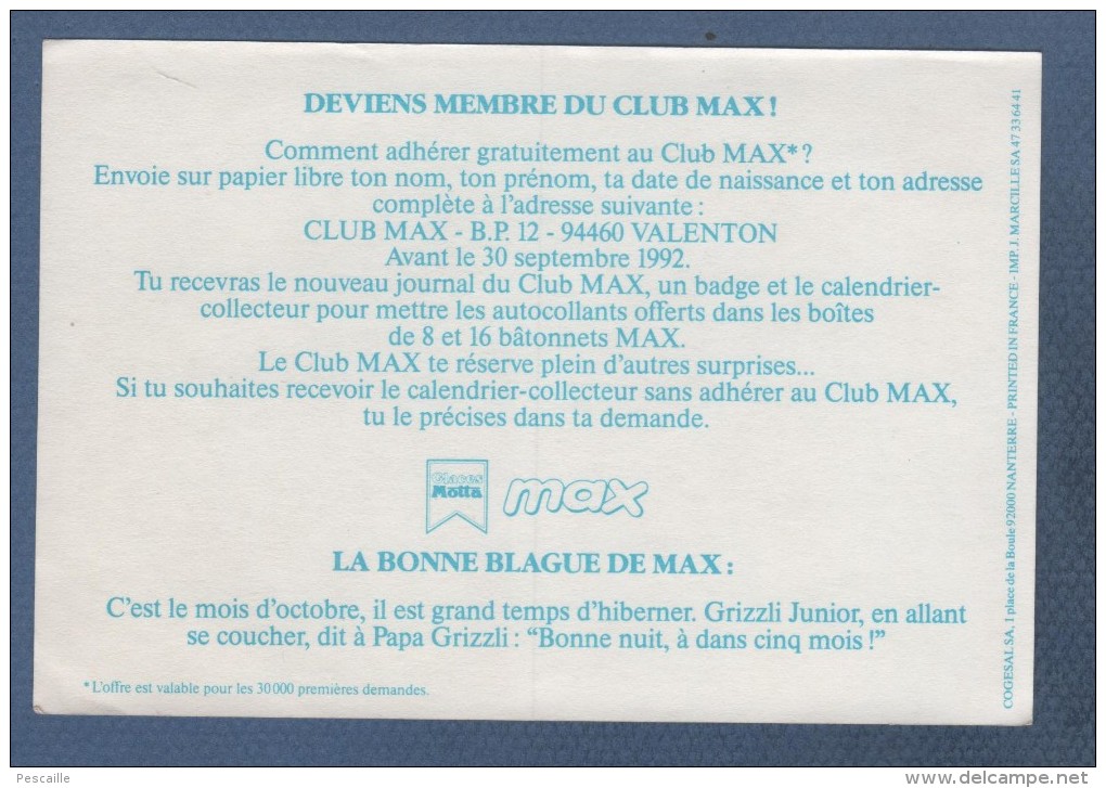 2 IMAGES AUTO COLLANTS CLUB MAX - GLACES MOTTA - OCTOBRE 91 / JUIN 92 - ILLUSTRATEUR KIKO - Autocollants