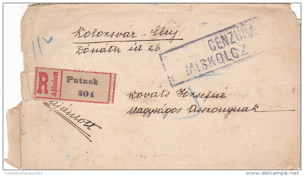 119A COVERS CENSORED MISKOLCZ,REGISTRED LABELS PUTNOK , FRAGMENT HUNGARY. - Covers & Documents