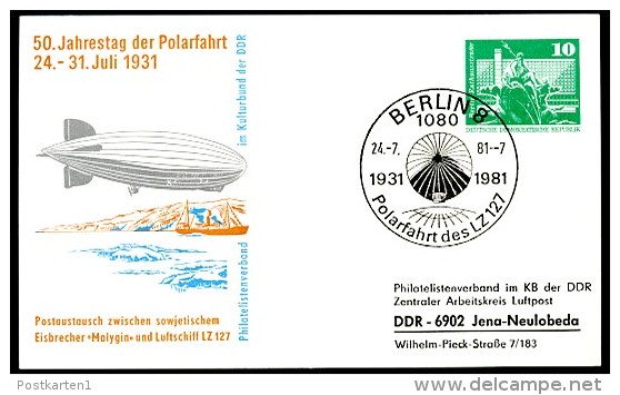 50 Years POLAR FLIGHT AIRSHIP ZEPPELIN 1981 East German STO Postal Card PP16 B1/007c  NGK 8,00 € - Vols Polaires