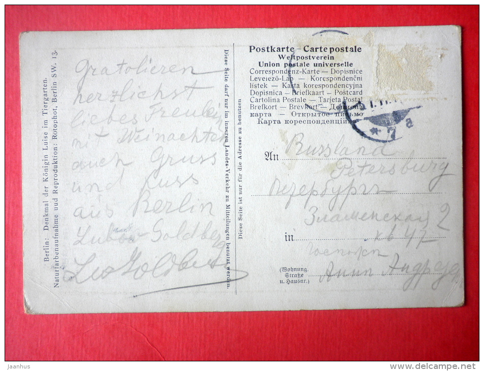 Denkmal Der Königin Luise Im Tiergarten - Berlin - Old Postcard - Germany - Sent From Germany Berlin To Imperial Russia - Dierentuin