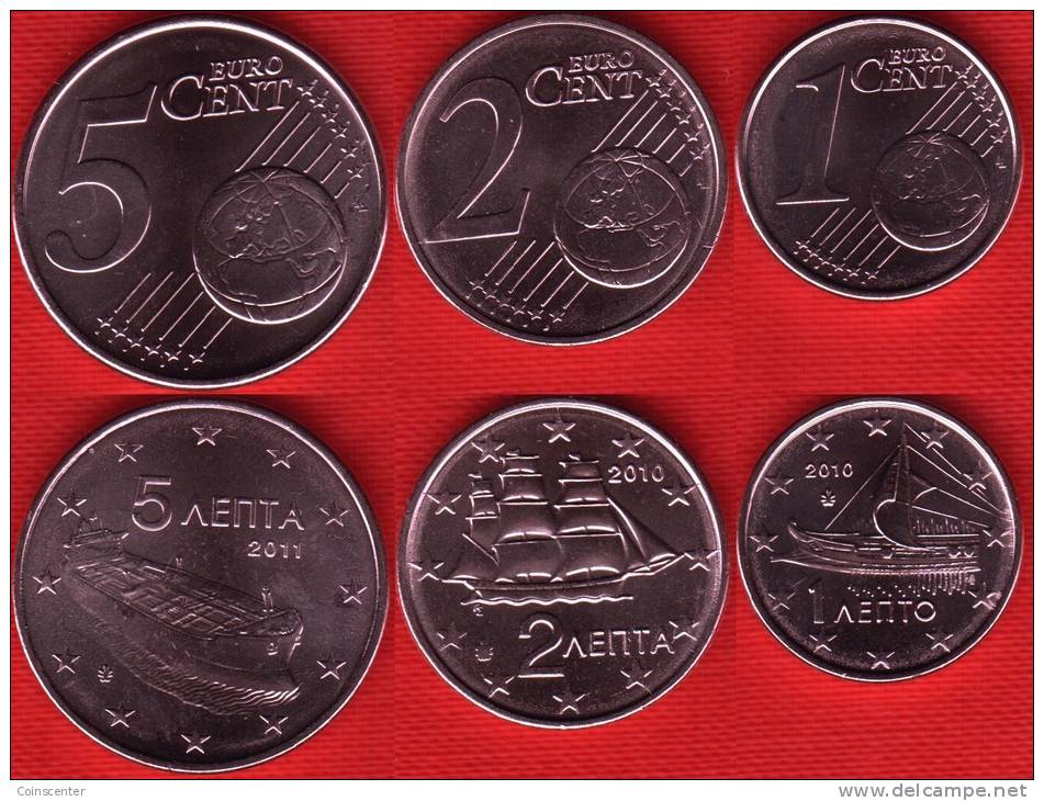 Greece 3 Coins Set: 1-2-5 Euro Cents 2010-11 UNC - Grecia