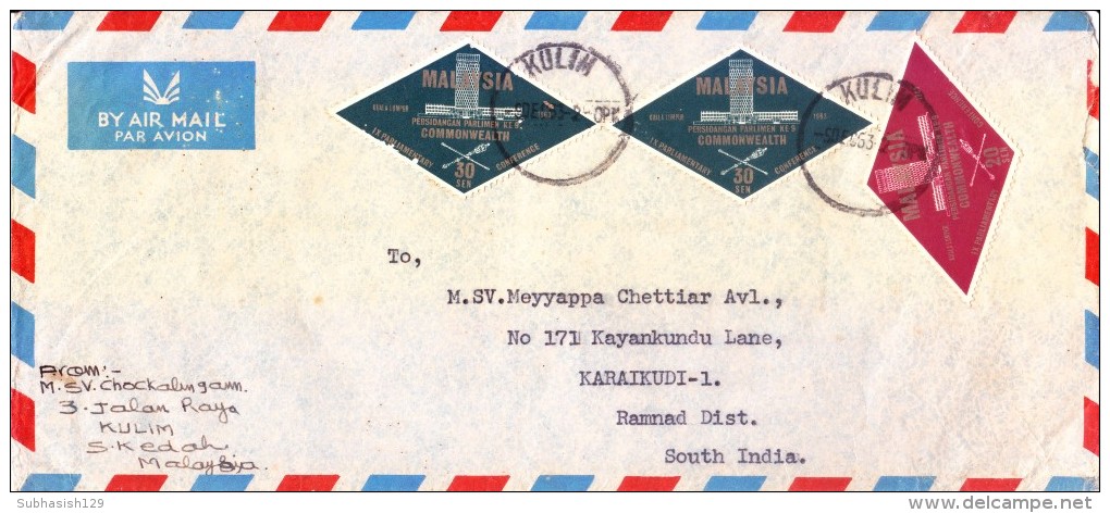 MALAYASIA COMMERCIAL COVER 1963 - POSTED FROM KULIM FOR INDIA - Maleisië (1964-...)