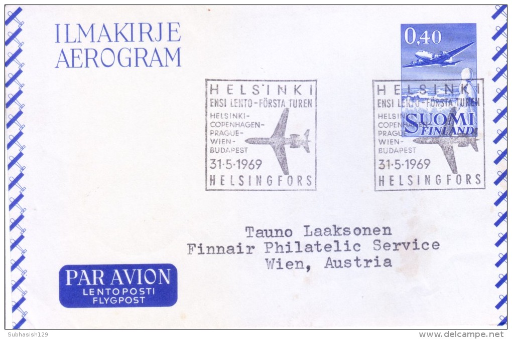 FINLAND AEROGRAMME WITH FIRST FLIGHT CANCELLATION 31.05.1969 - HELSINKI-COPENHAGEN-PRAGUE-WIEN-BUDAPEST - Brieven En Documenten