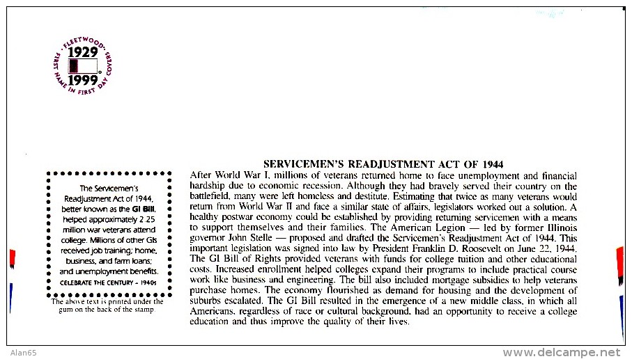 Sc#3186i 33-cent Stamp 'GI Bill' Soldiers Return To School, Celebrate The Century 1940s, 1999 FDC - 1991-2000