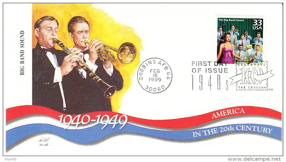 Sc#3186j 33-cent Stamp 'Big Band Sound' Musicians Clarinet Trumpet, Celebrate The Century 1940s, 1999 FDC - 1991-2000