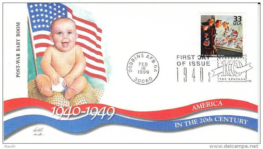 Sc#3186l 33-cent Stamp 'Post War Baby Boom' US Flag, Celebrate The Century 1940s, 1999 FDC - 1991-2000