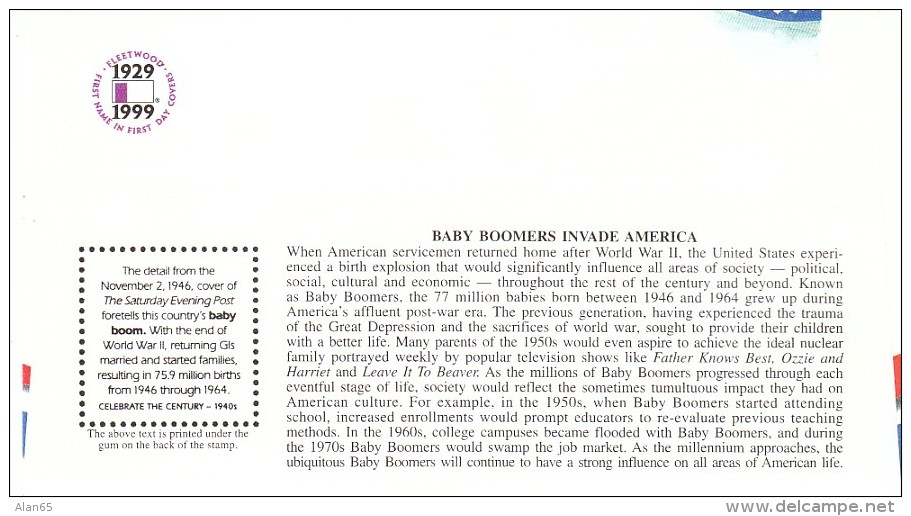 Sc#3186l 33-cent Stamp 'Post War Baby Boom' US Flag, Celebrate The Century 1940s, 1999 FDC - 1991-2000