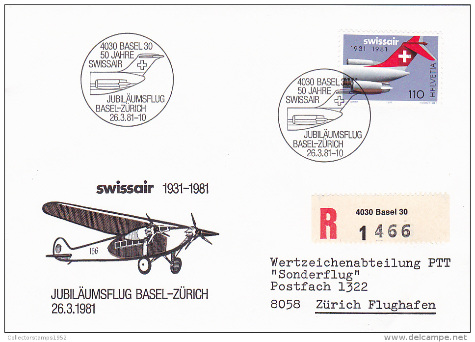 173A  SWISSAIR  1931-1981, JUBILAUMSFLUG BASEL-ZURICH REGISTRED COVER - Premiers Vols