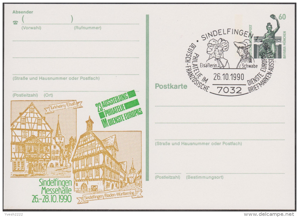 Allemagne 1992. Privatganzsache ??, Entier Postal Timbré Sur Commande ??. Turckheim, Alsace Et Sindelfingen. Alsacienne - Cartes Postales Privées - Oblitérées