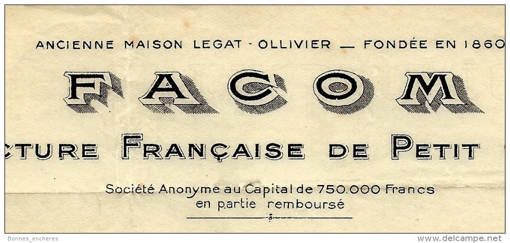 ENTETE FACTURE FACOM MANUFACTURE FRANCAISE DE PETIT OUTILLAGE 1933 B.E. V. HISTORIQUE - 1900 – 1949