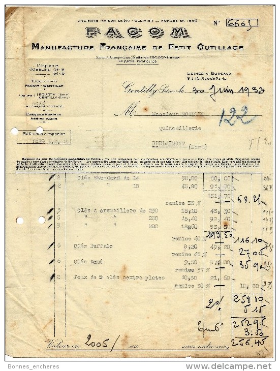 ENTETE FACTURE FACOM MANUFACTURE FRANCAISE DE PETIT OUTILLAGE 1933 B.E. V. HISTORIQUE - 1900 – 1949