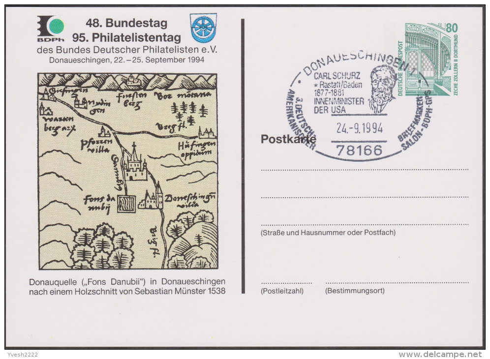 Allemagne 1994. Privatganzsache, Entier Postal Timbré Sur Commande. Source Du Danube. Philatelistentag - Cartes Postales Privées - Oblitérées