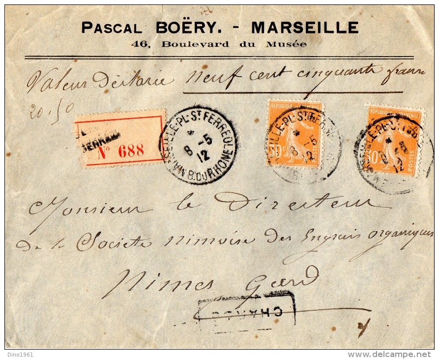 TB 350 - TB Type Semeuse Sur Lettre Chargée OB MARSEILLE - PL - SAINT - FERREOL Pour NIMES - 1877-1920: Période Semi Moderne