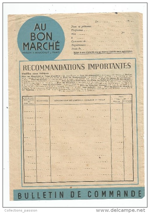 Bulletin De Commande , AU BON MARCHE , Vierge , 2 Scans ; Frais Fr : 1.80€ - Autres & Non Classés