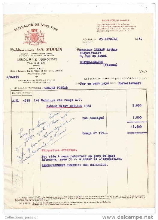 Facture , Vins Fins , Etablissements J-A. Moueix , LIBOURNE , 1955  ; Frais Fr : 1.80€ - Autres & Non Classés