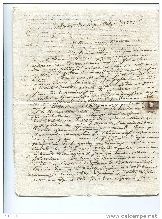 73027 - Enveloppe Et Courrier  1822 De MONTEVIDEO, MP Rouge COLONIES/PAR LE HAVRE, Taxe 24 Par - Poste Maritime