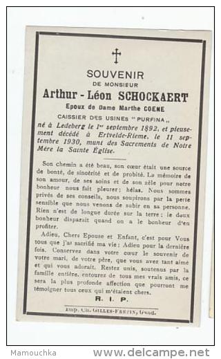 Doodsprentje Décès Arthur Leon SCHOCKAERT époux Coene Caissier Usines Purfina Ledeberg 1892 Ertvelde-Rieme 1930 - Foto - Andachtsbilder