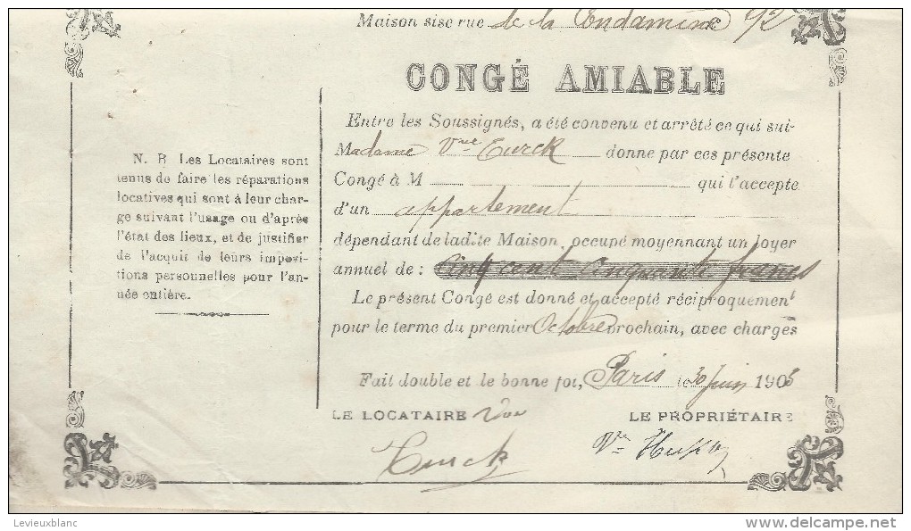 Location/Congé Amiable / 92 Rue De La Condamine/Paris / 1903    AEC5 - Non Classés