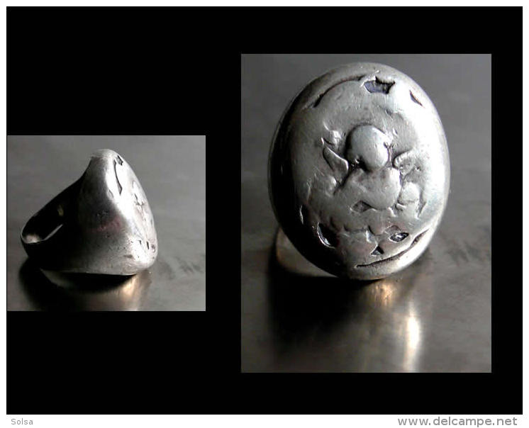 - Ancienne Bague Argent Chevalière Représentant Un Ange T54 / Old Silver Angel Ring From Romania - Rings