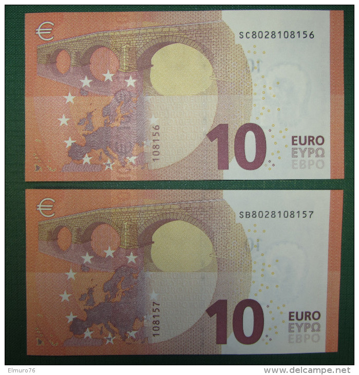 2x 10 EURO S003 SB+SC Nine Equal Numbers ITALY  ITALIA Draghi Perfect UNC - 10 Euro