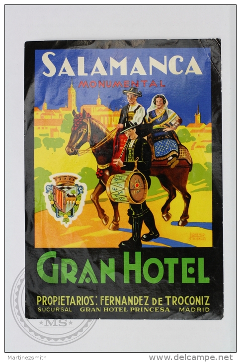 Grand Hotel Salamanca Monumental - Spain - Original Small Hotel Luggage Label - Sticker - Etiquetas De Hotel