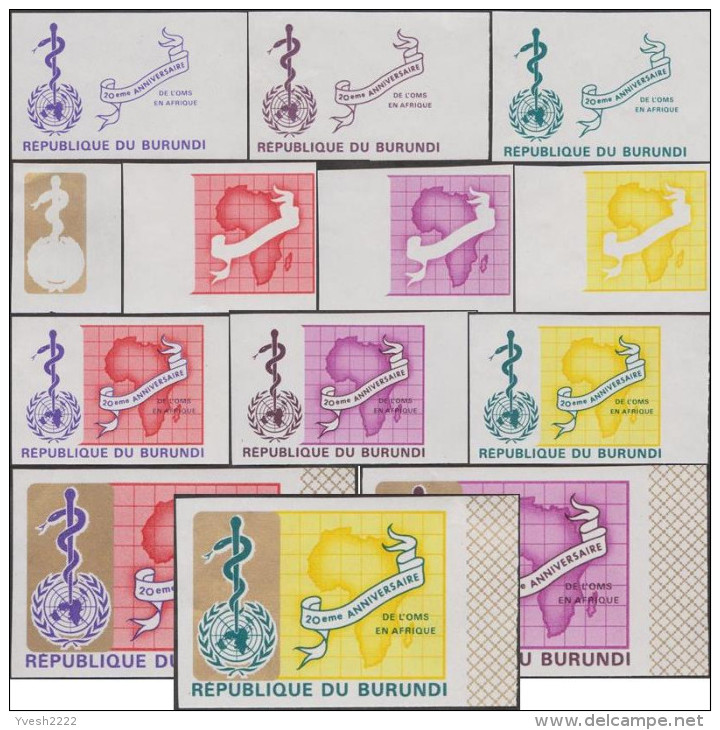 Burundi 1969 COB 303/5. 13 Essais Progressifs De Couleurs Offset. 20e Anniversaire De L'OMS. Carte Afrique. Serpent - OMS