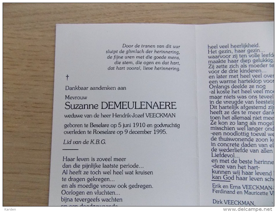 Doodsprentje Suzanne Demeulenaere Beselare 5/6/1910 Roeselare 9/12/1995 ( Hendirk Jozef Veeckman ) - Religione & Esoterismo
