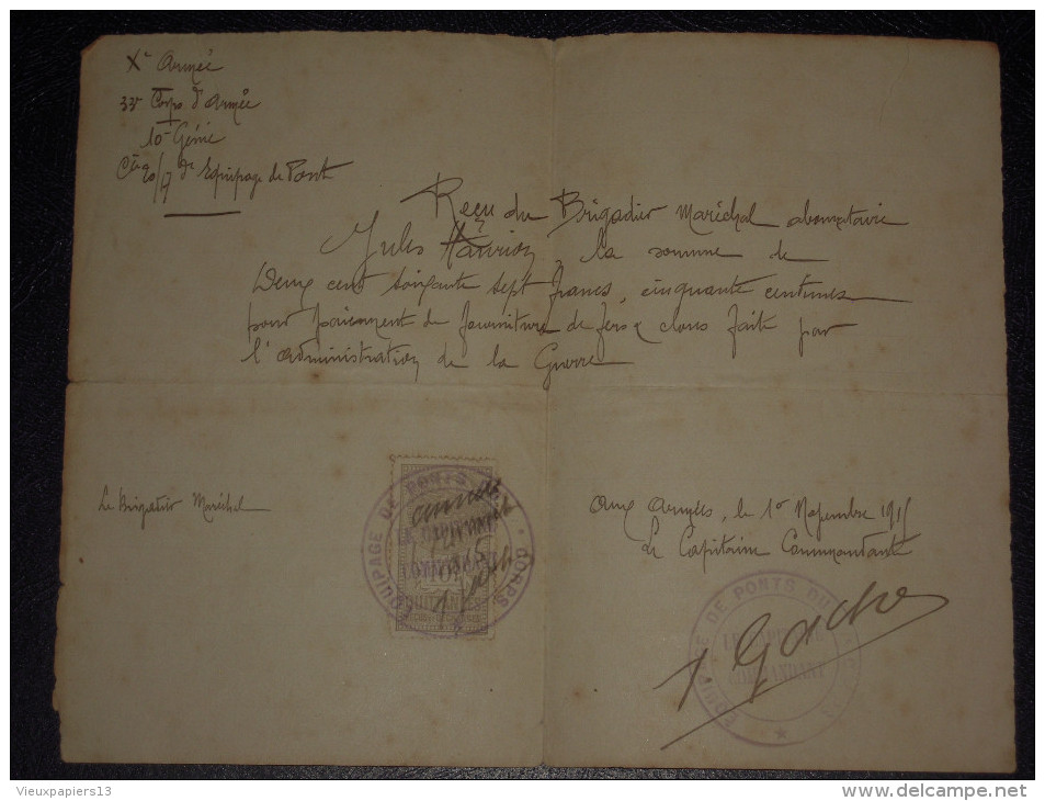 Fiscal Quittances 10c Sur Document De 1915 - Xe Armée - Oblitéré Par Cachet Equipage De Ponts - 10e Génie - Signé - Reçu - Briefe U. Dokumente