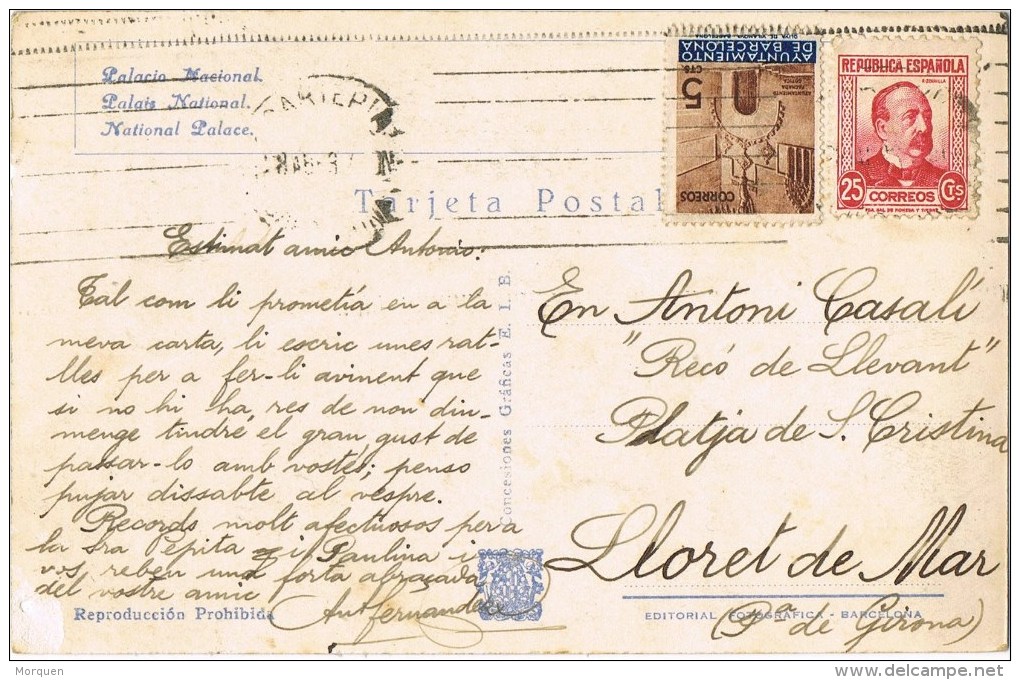 10471. Postal BARCELONA  1937. Recargo Exposicion - Barcelona