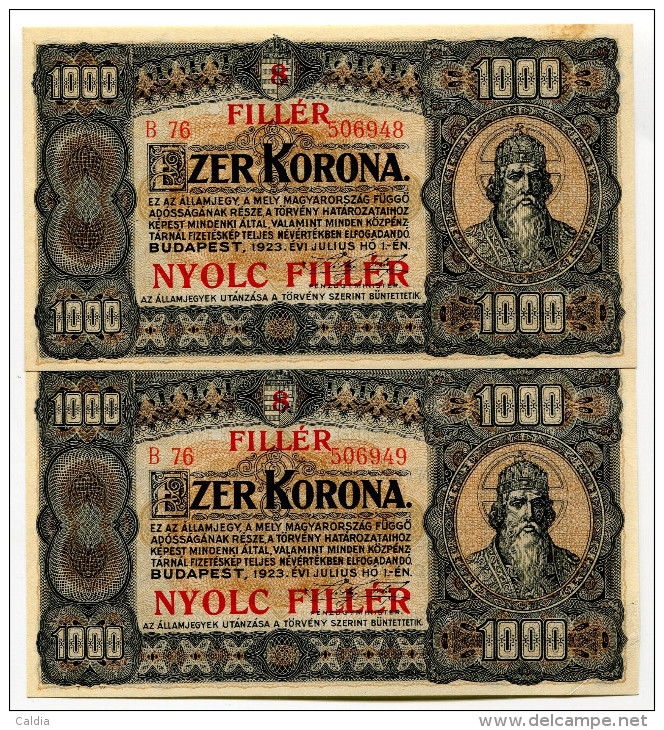 Hongrie Hungary Ungarn 1000 Korona / 8 Filler 1923 AUNC - Consecutives - RARE - Hungary