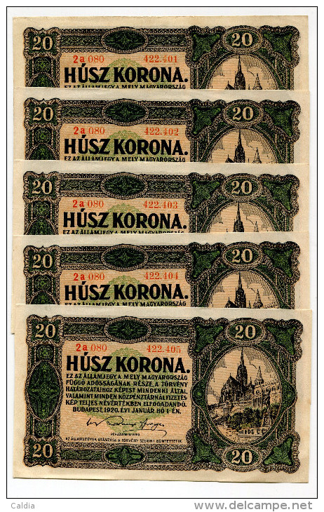 Hongrie Hungary Ungarn 20 Korona 1920 UNC - 5 Consecutives - Ungarn