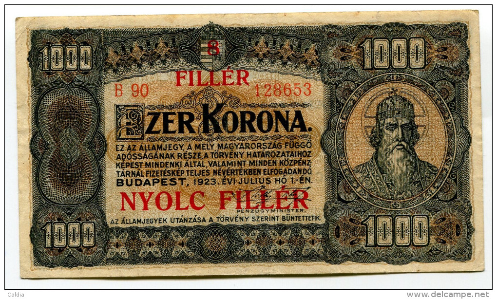 Hongrie Hungary Ungarn 1.000 Korona 1923 "" 8 Filler "" Overprint # 12 GOOD  GRADE - Hongrie