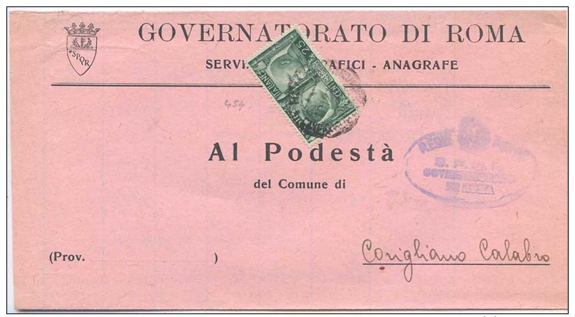 1941 FRATELLANZA C. 25 (SASSONE 454) ISOLATO SU PIEGO COMUNALE 10.12.41  TARIFFA LETTERA RIDOTTA SINDACI  (A319) - Storia Postale