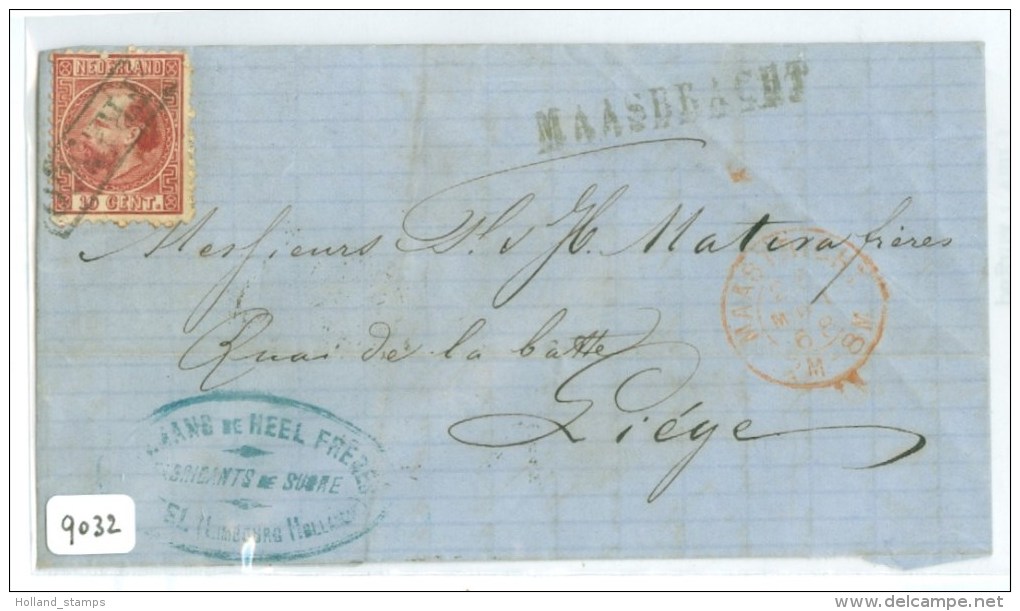 BRIEFSTUKJE Uit 1868 Van MAASBRACHT LANGSTEMPEL Naar LIEGE LUIK NVPH 8 + FIRMASTEMPEL (9032) - Storia Postale