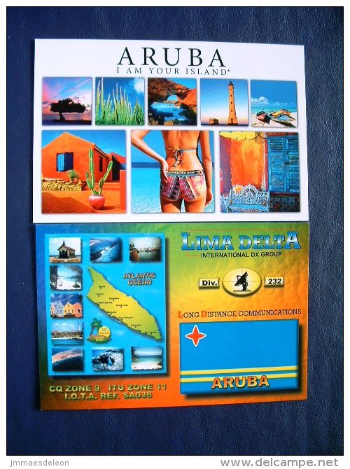 2 Postcards Aruba - Flag Map Lighthouse Cactus Beach - Aruba