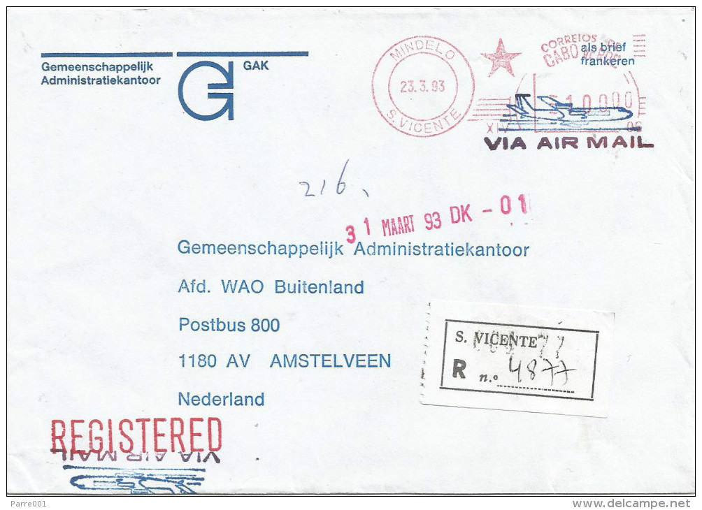 Cabo Verde 1993 Mindelo Meter Franking Pitney Bowes (MV) "5000" XIV 06 Registered Cover - Kaapverdische Eilanden