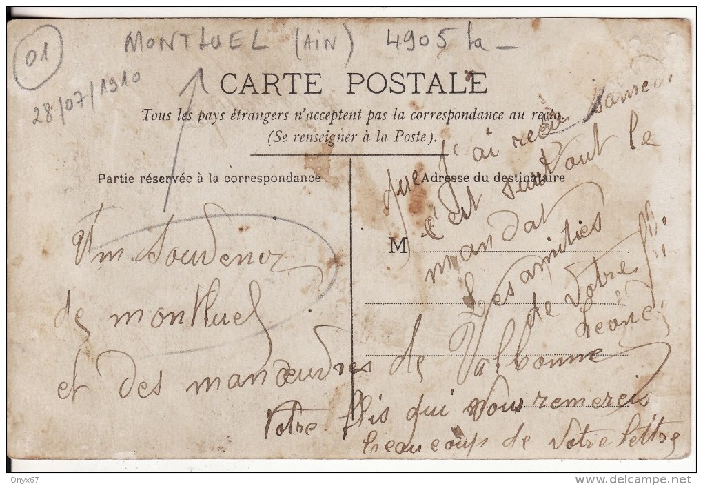Carte Postale Photo Militaire De MONTLUEL-01-Ain-13 ème Chasseurs-Hussards 4 ème Escouade 1 Er Peloton 28-07-1910 - Montluel