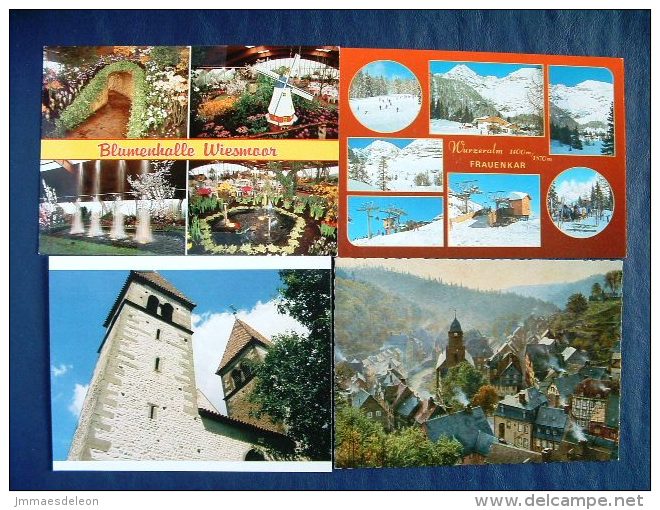 4 Postcards Germany - Wiesmoor Frauenkar Monschau Reichenau - Mountain Windmill Church Ski - Other & Unclassified