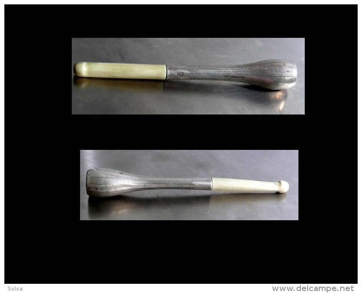 Ancin Pipe ? Fume-cigarette Argent Art Déco Hongrois  / Old Art Deco Silver And Bone Pipe  Cigarette-holder From Hungary - Andere & Zonder Classificatie
