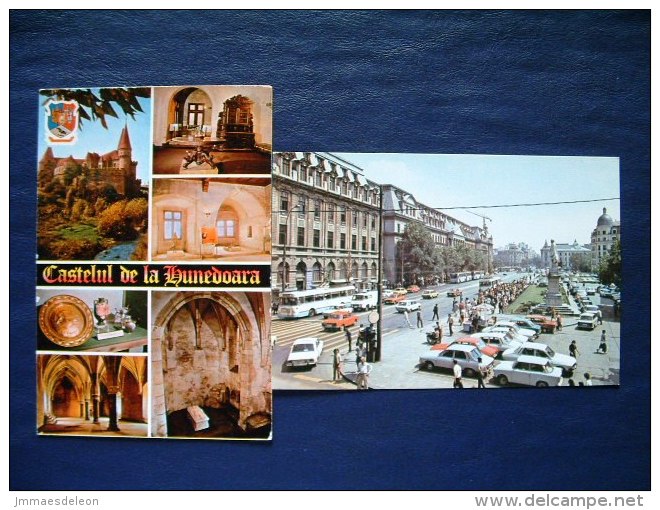 2 Postcards Romania - Bucarest - Hunedoara Castle - History - Street Bus Cars Statue Crane - Romania