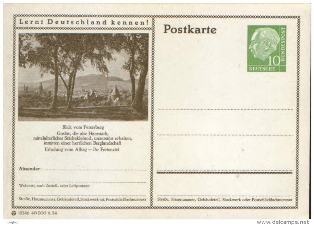 Germany/ Federal Republic- Stationery Postacard Unused - P23 Heuss Type I -Blick Vom Petersberg Goslar - Postcards - Mint